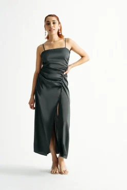 Tobi Kylie Ruched Slit Midi Dress -