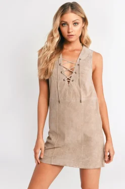 Tobi Lace It Genuine Suede Shift Mini Dress - Toast