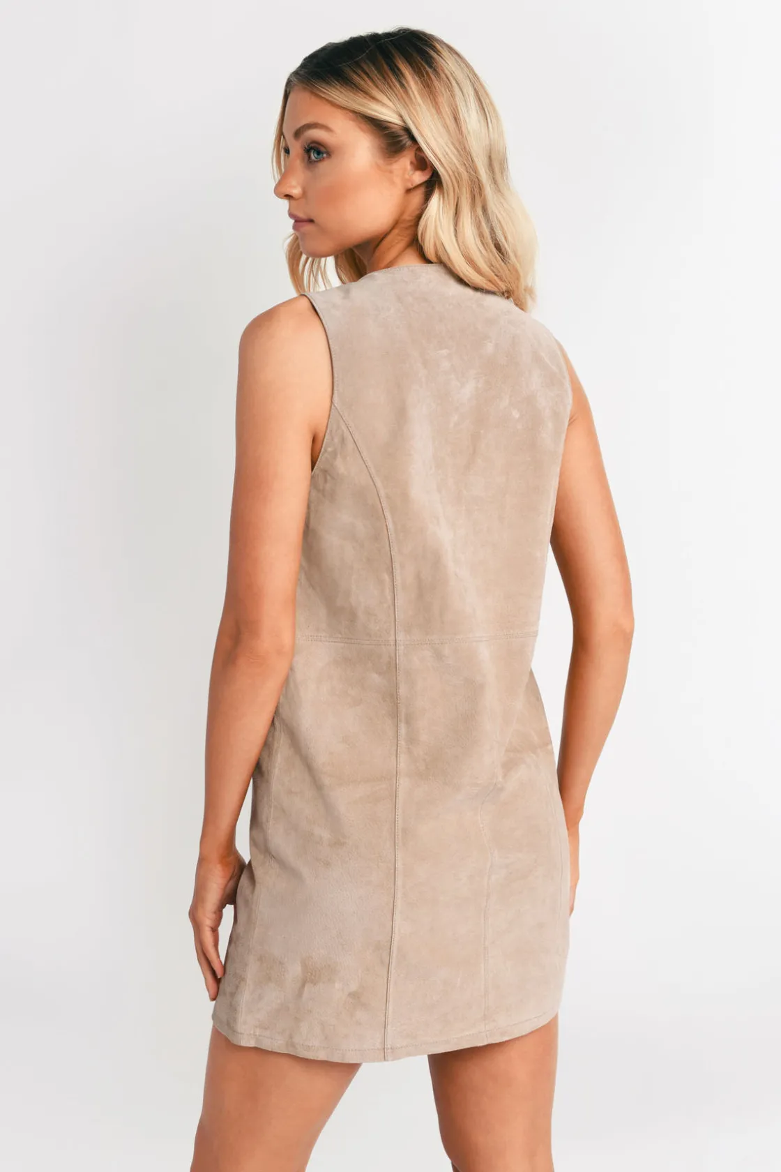 Tobi Lace It Genuine Suede Shift Mini Dress - Toast