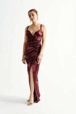 Tobi Last A Lifetime Maroon Satin Bustier Maxi Dress