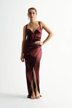 Tobi Last A Lifetime Maroon Satin Bustier Maxi Dress