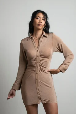 Tobi Lean On Me Button Up Bodycon Mini Dress - Beige