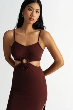 Tobi Lennon Cutout Slit Midi Dress - Chocolate Brown