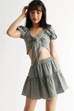 Tobi Lesly Floral Crop Top And Mini Skirt Set - Sage Blue