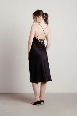 Tobi Liora Satin Cross Back Midi Dress - Black