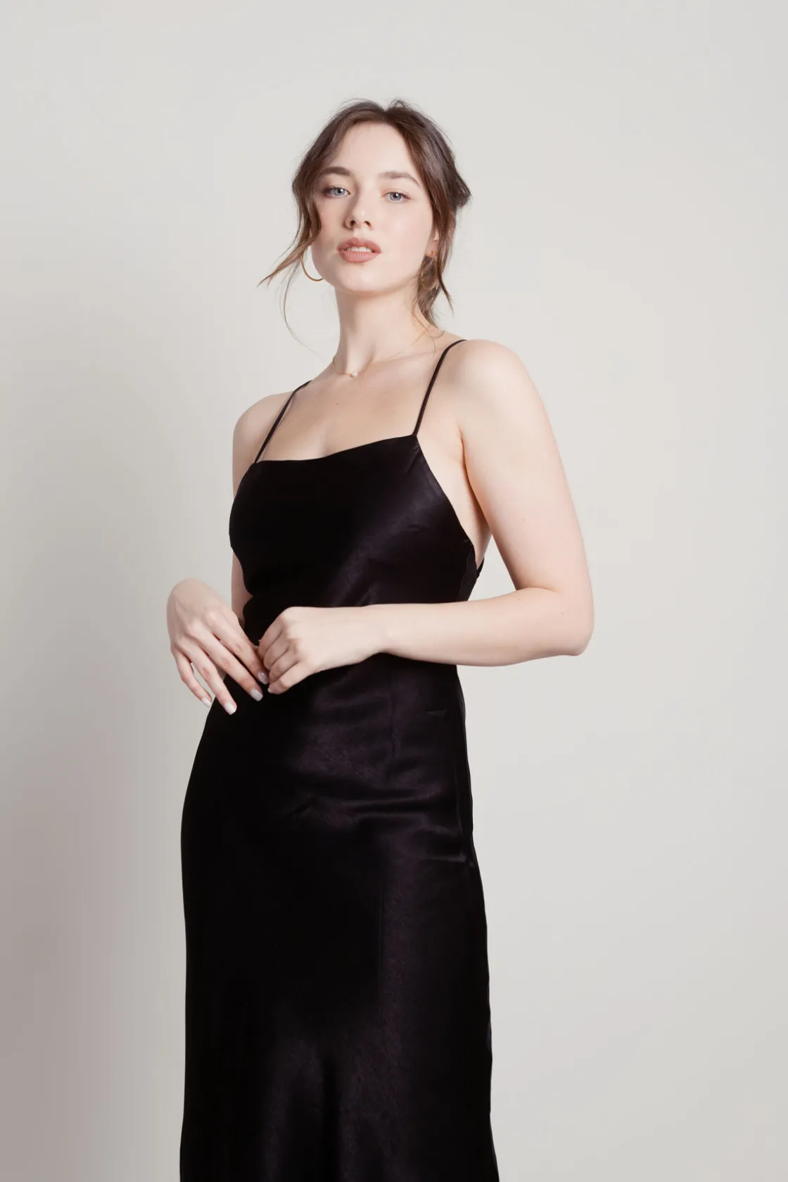Tobi Liora Satin Cross Back Midi Dress - Black