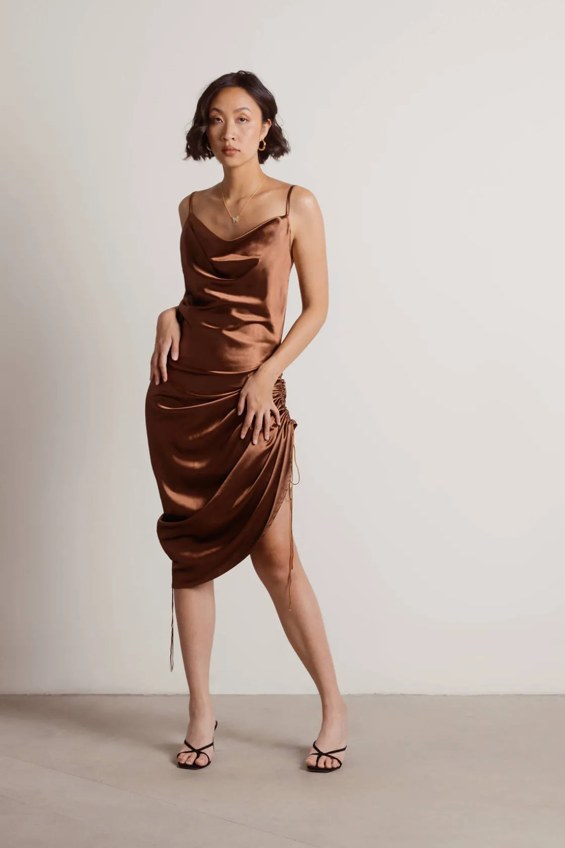 Tobi Listen To Me Satin Ruched Midi Dress - Blush