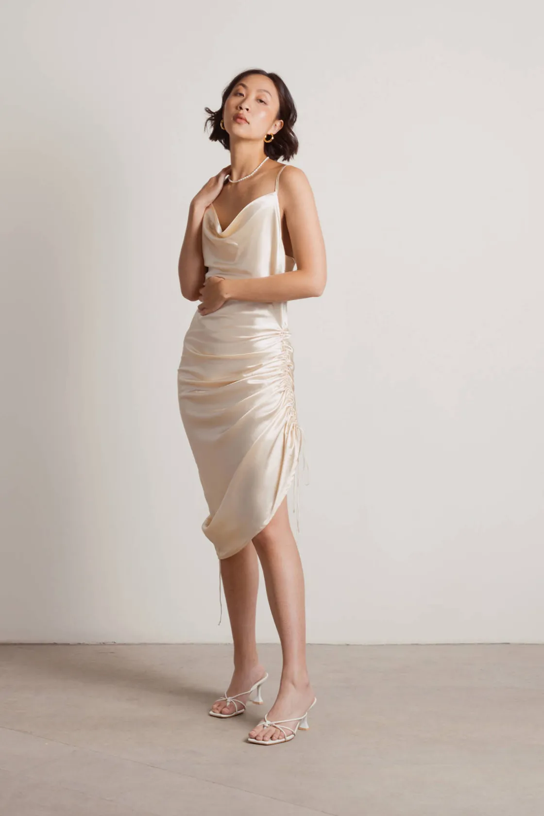 Tobi Listen To Me Satin Ruched Midi Dress - Blush
