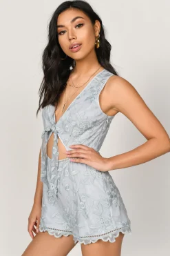 Tobi Love Game Embroidered Romper - Light Blue