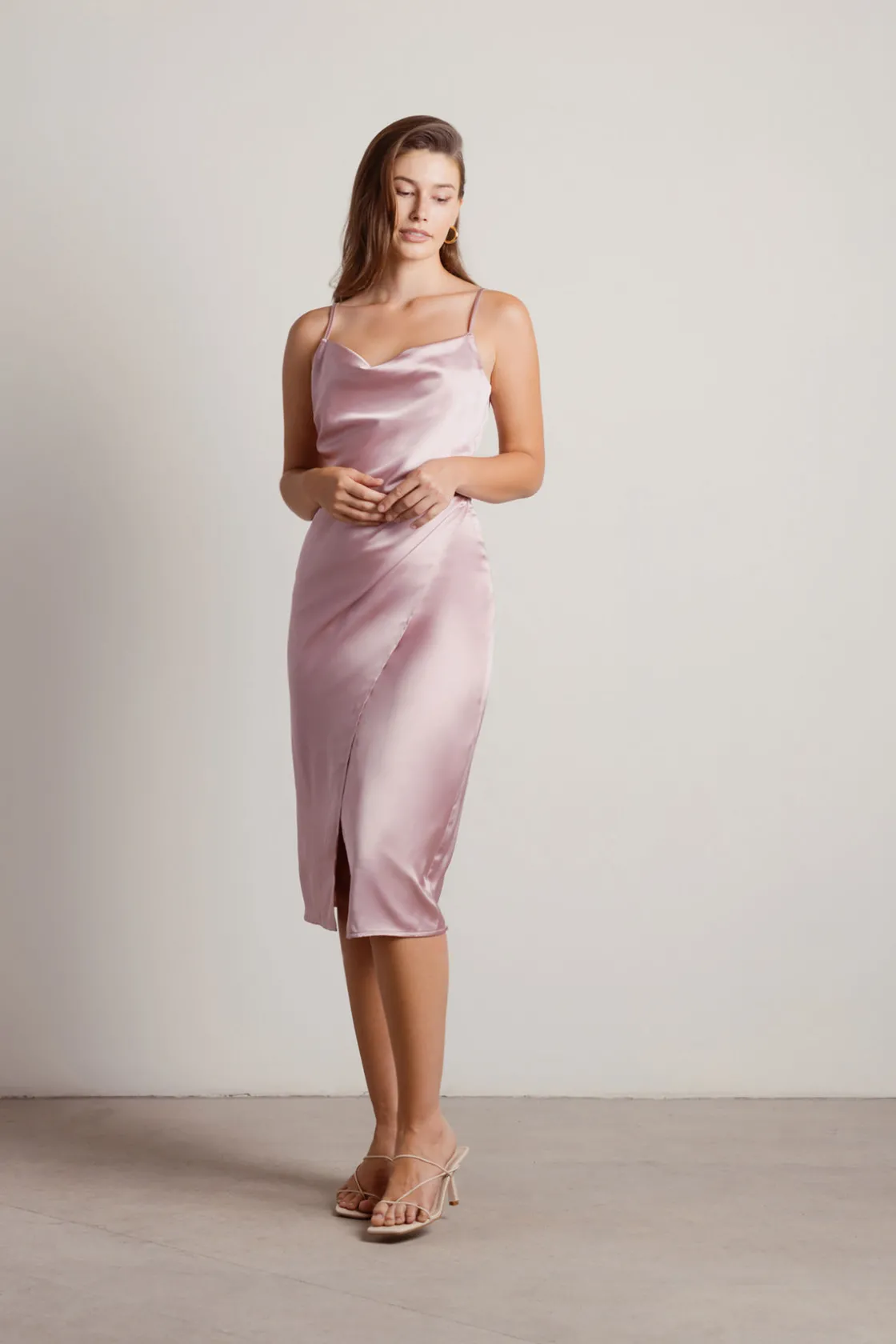 Tobi Maddy Satin Slit Midi Dress - Cabernet Red