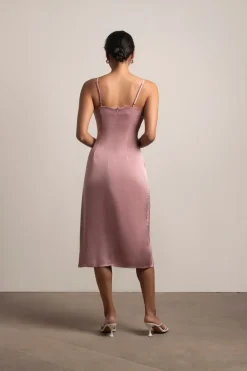 Tobi Maddy Satin Slit Midi Dress - Cabernet Red