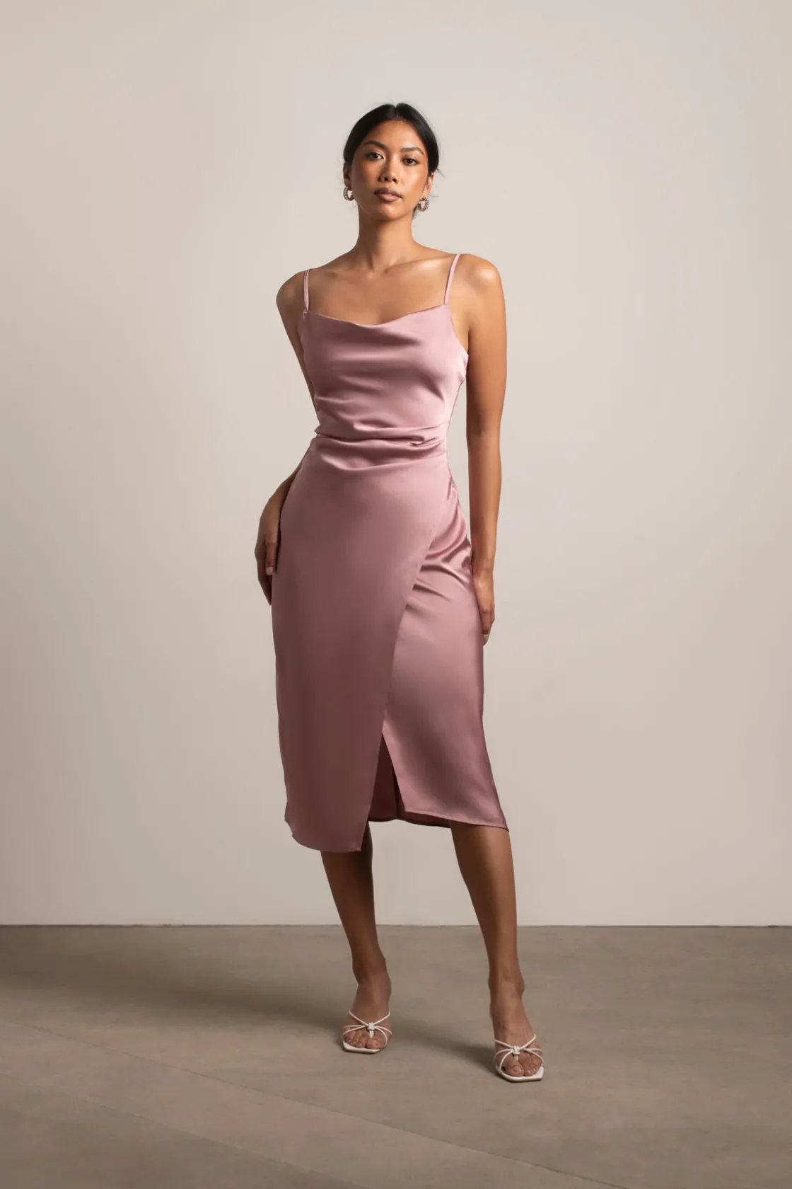 Tobi Maddy Satin Slit Midi Dress - Cabernet Red