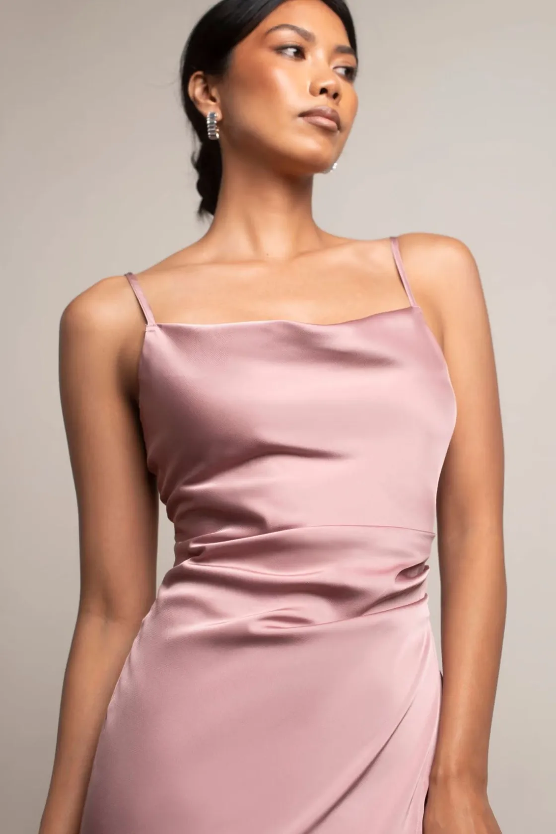 Tobi Maddy Satin Slit Midi Dress - Cabernet Red