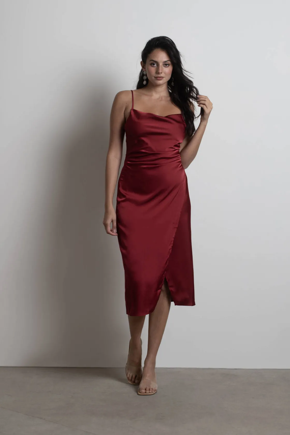 Tobi Maddy Satin Slit Midi Dress - Cabernet Red