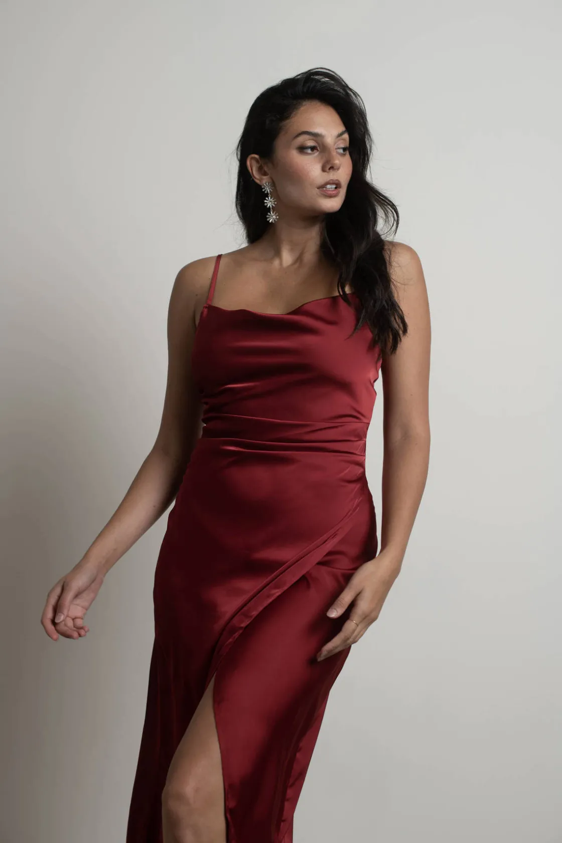 Tobi Maddy Satin Slit Midi Dress - Cabernet Red