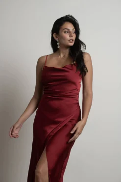 Tobi Maddy Satin Slit Midi Dress - Cabernet Red