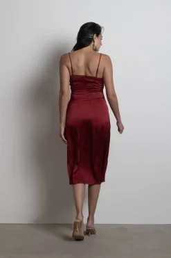 Tobi Maddy Satin Slit Midi Dress - Cabernet Red