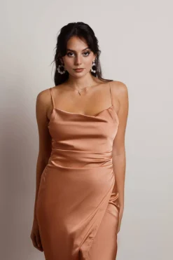 Tobi Maddy Satin Slit Midi Dress - Cabernet Red