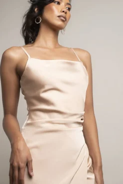 Tobi Maddy Satin Slit Midi Dress - Cabernet Red