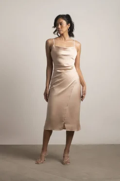 Tobi Maddy Satin Slit Midi Dress - Cabernet Red