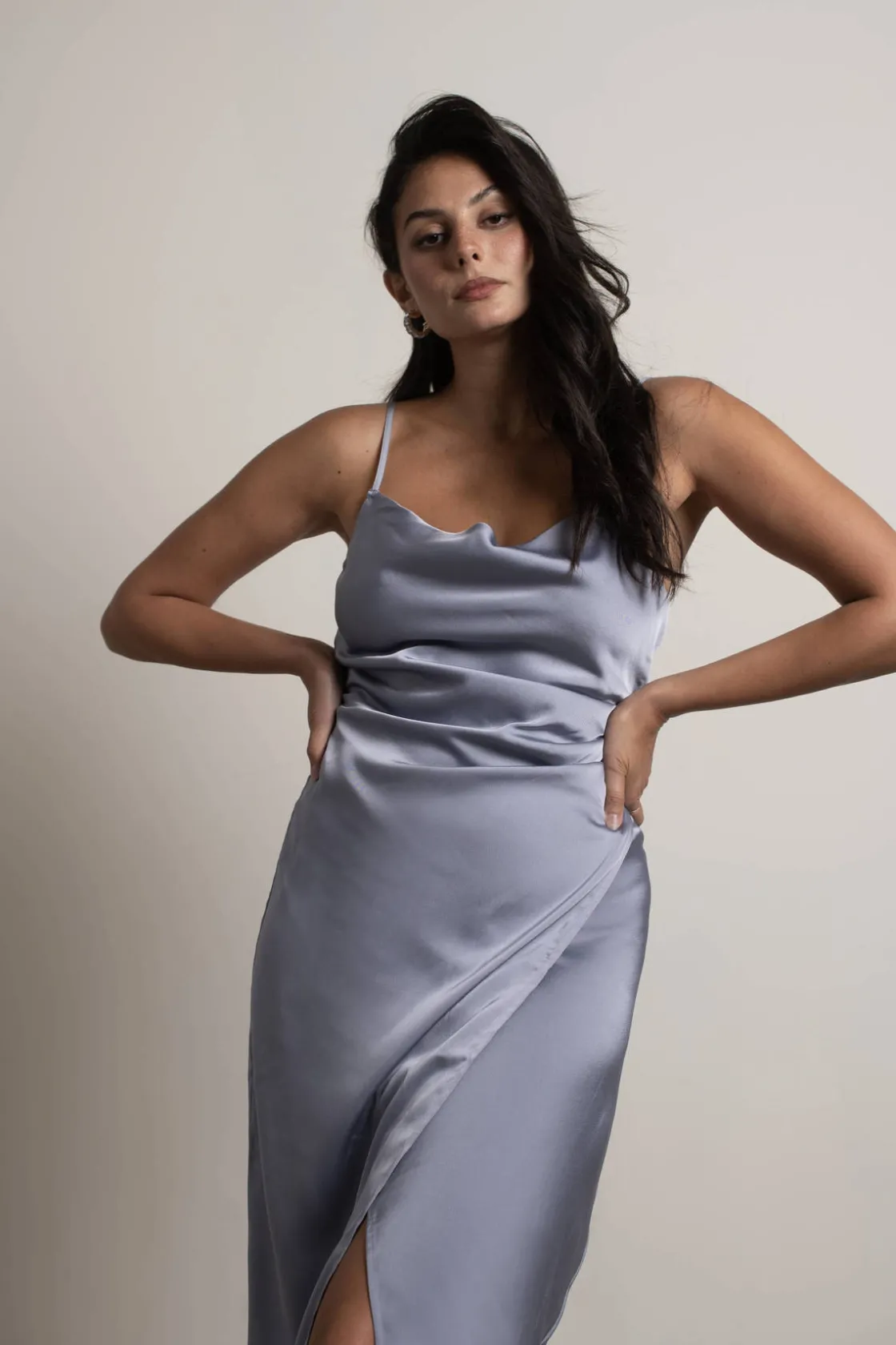 Tobi Maddy Satin Slit Midi Dress - Cabernet Red