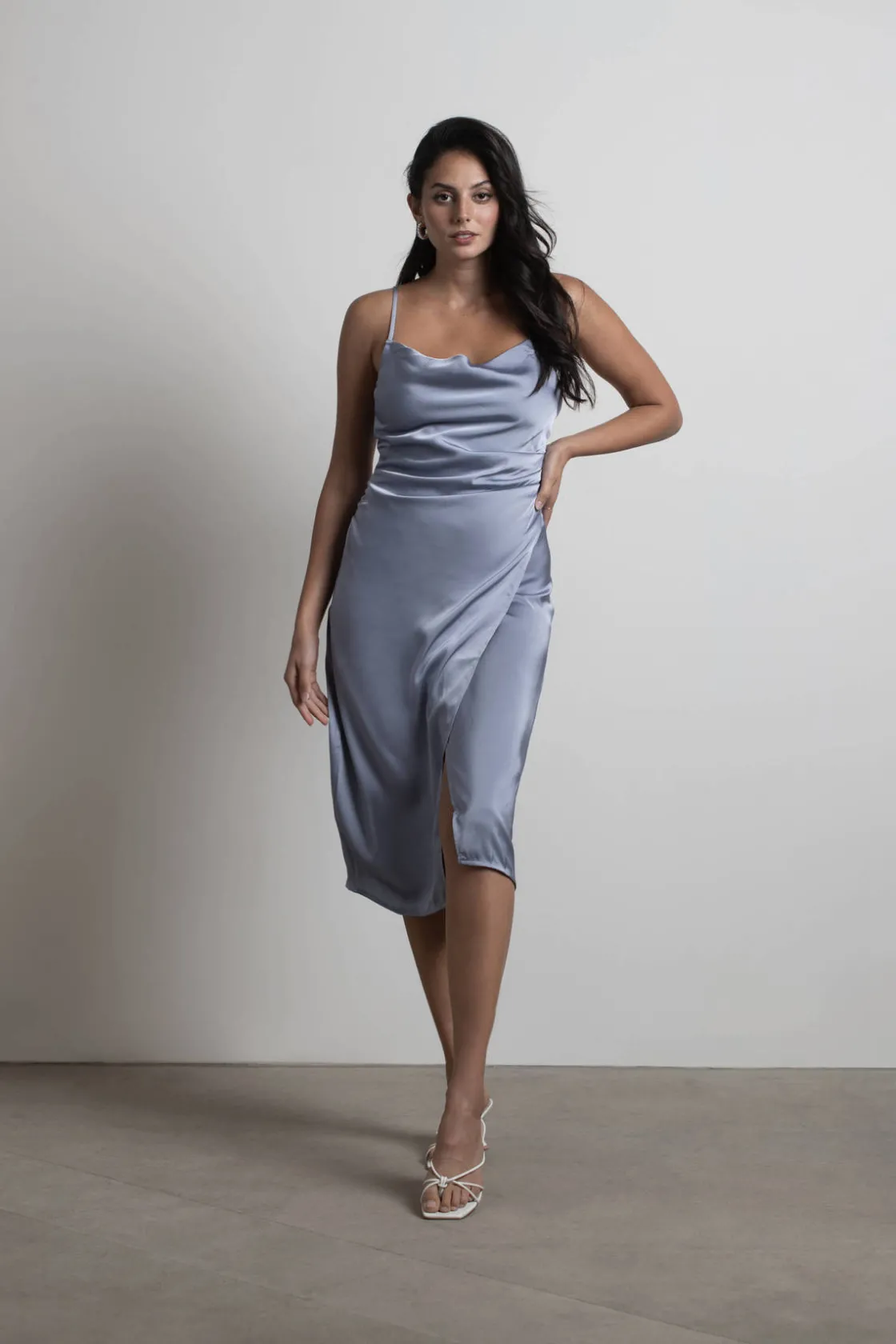 Tobi Maddy Satin Slit Midi Dress - Cabernet Red