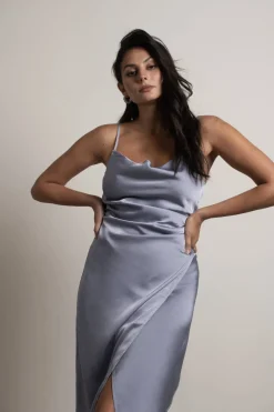 Tobi Maddy Satin Slit Midi Dress - Cabernet Red