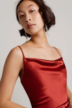 Tobi Maddy Satin Slit Midi Dress - Cabernet Red