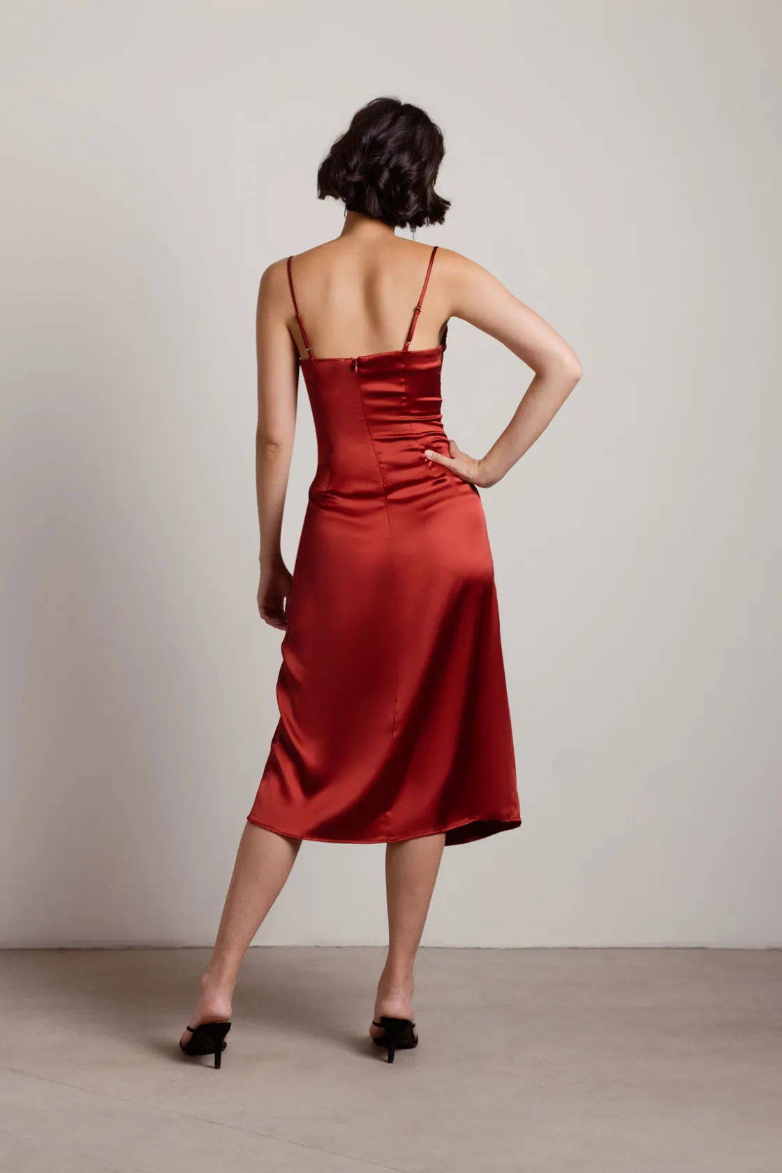 Tobi Maddy Satin Slit Midi Dress - Cabernet Red