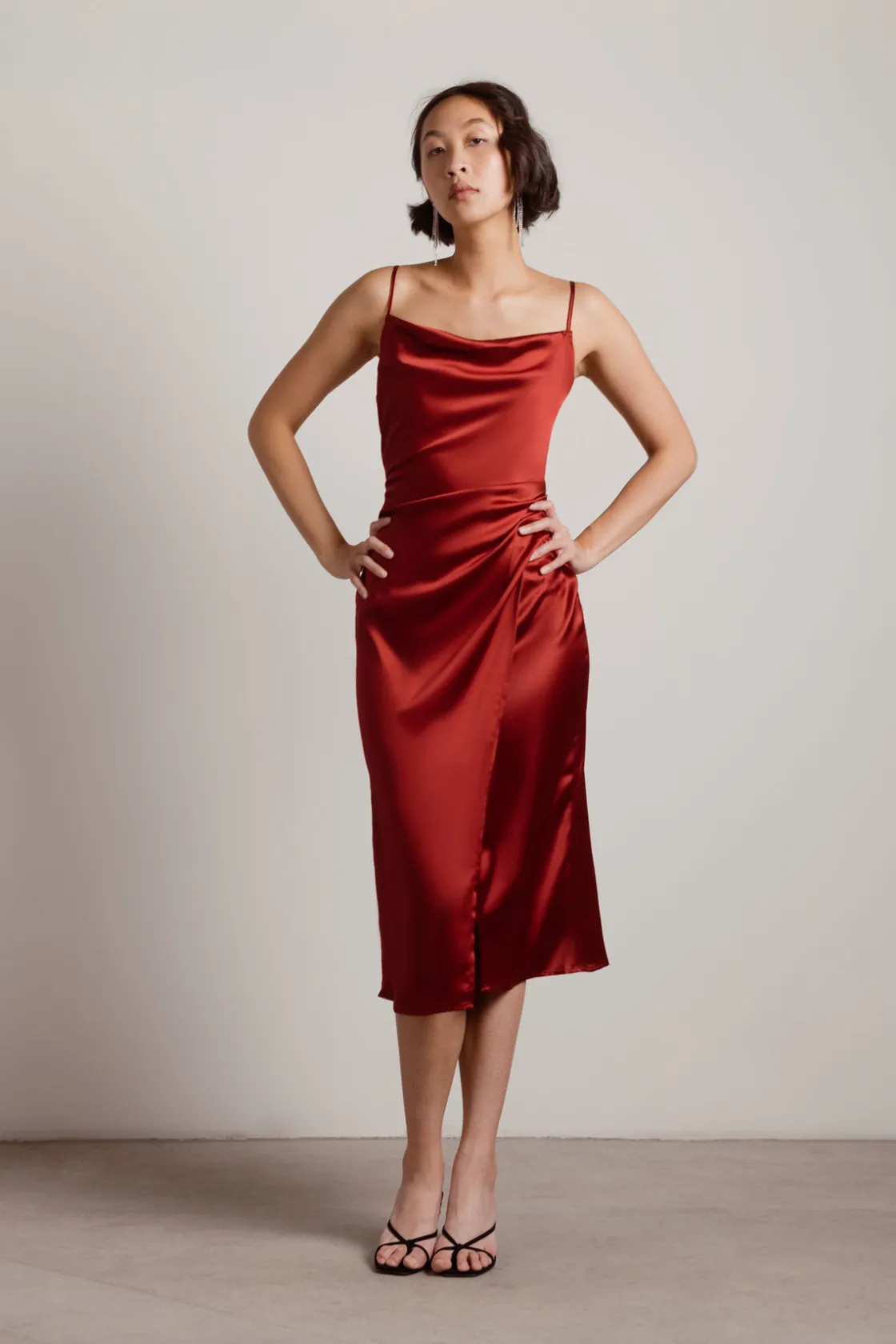 Tobi Maddy Satin Slit Midi Dress - Cabernet Red