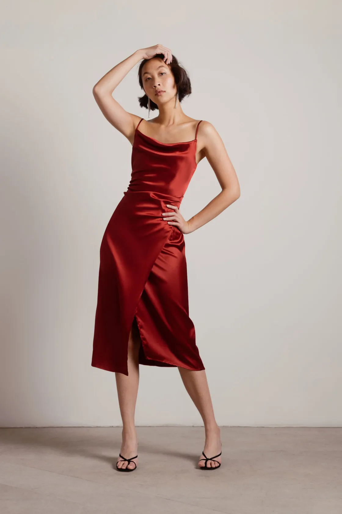 Tobi Maddy Satin Slit Midi Dress - Cabernet Red