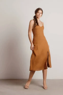 Tobi Maison Halter Slit Midi Dress - Oatmeal