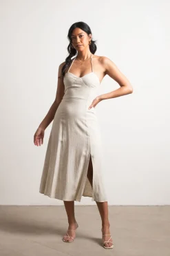 Tobi Maison Halter Slit Midi Dress - Oatmeal