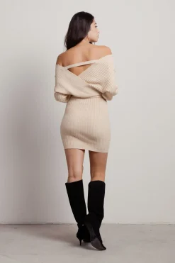 Tobi Marie Off The Shoulder Sweater Mini Dress - Beige