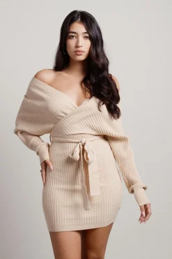 Tobi Marie Off The Shoulder Sweater Mini Dress - Beige