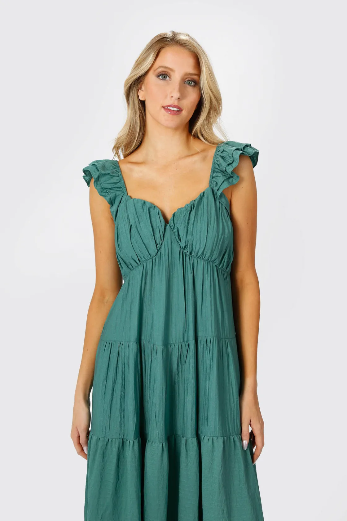 Tobi Mary Jane Tiered Ruffled Sleeves Maxi Dress - Teal