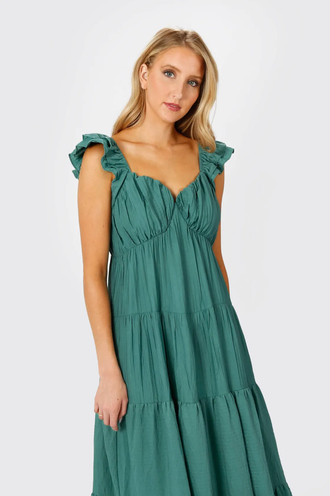 Tobi Mary Jane Tiered Ruffled Sleeves Maxi Dress - Teal