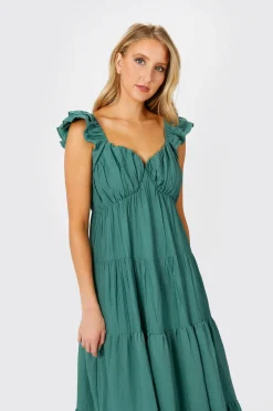 Tobi Mary Jane Tiered Ruffled Sleeves Maxi Dress - Teal