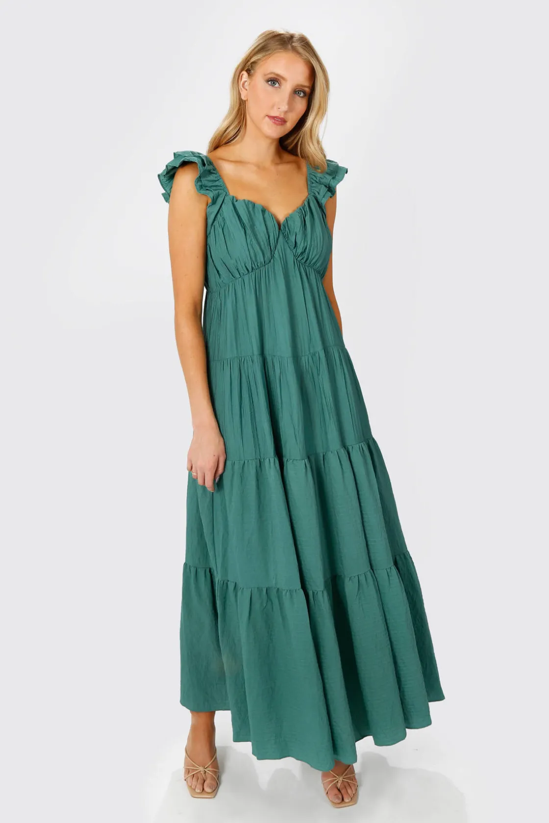 Tobi Mary Jane Tiered Ruffled Sleeves Maxi Dress - Teal