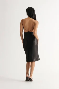 Tobi Meet You There Satin Open Back Midi Dress - Black