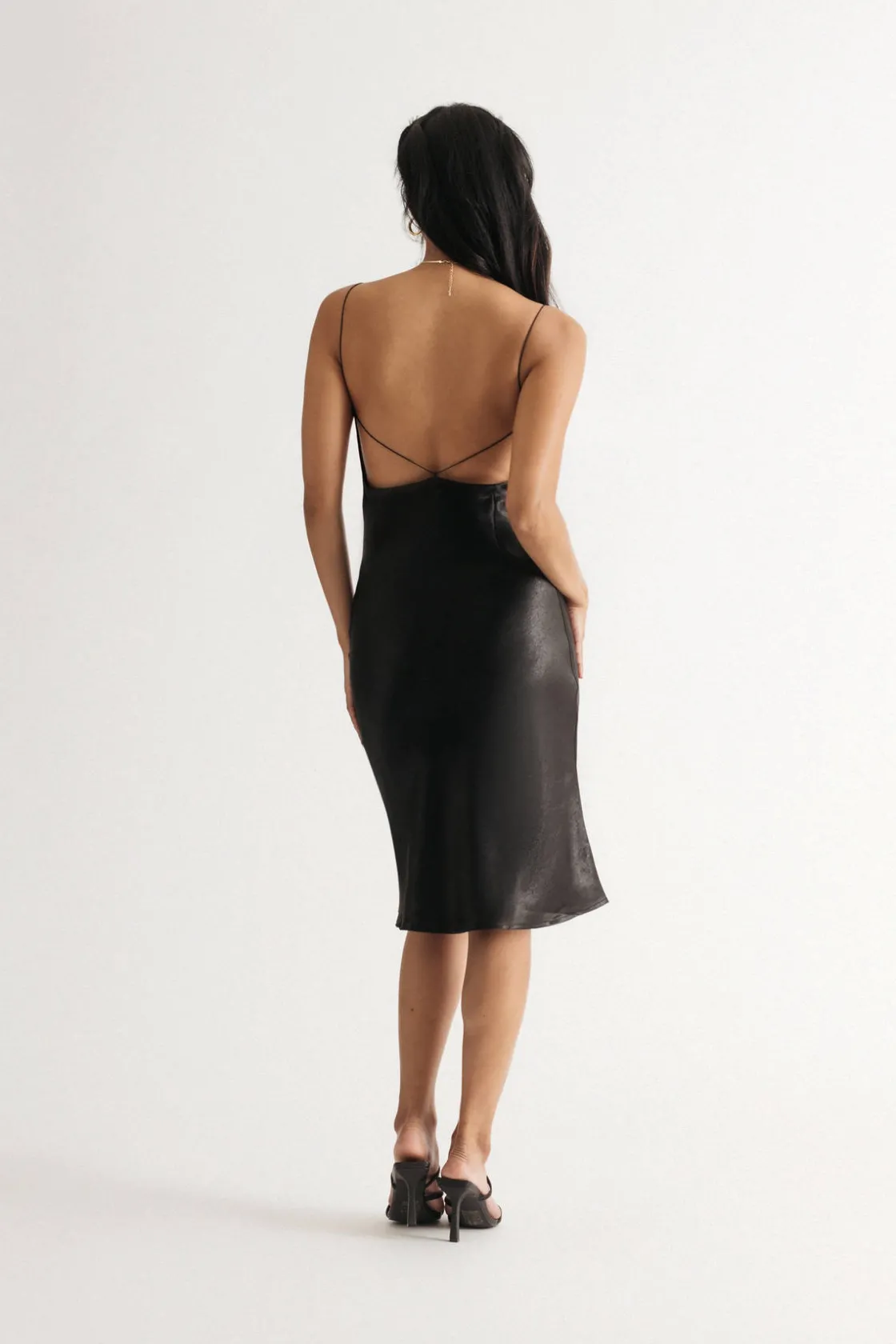 Tobi Meet You There Satin Open Back Midi Dress - Black