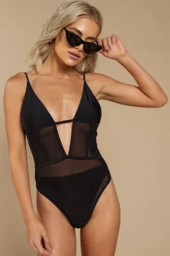 Tobi Mesh Around Corset One Piece Swimsuit - Dark Rose
