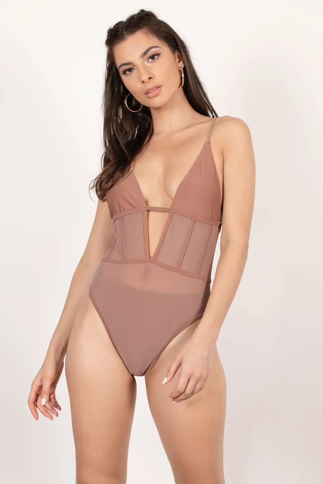 Tobi Mesh Around Corset One Piece Swimsuit - Dark Rose
