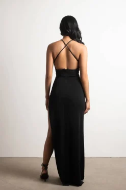 Tobi Midnight Hour High Slit Mesh Paneled Maxi Dress