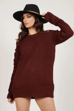 Tobi Miracle Lace Up Sweater Mini Dress - Wine