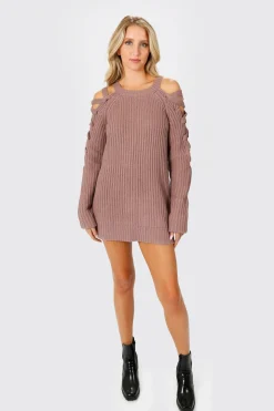 Tobi Miracle Lace Up Sweater Mini Dress - Wine