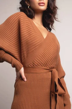 Tobi Miriam Surplice Sweater Mini Dress - Brown