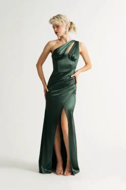 Tobi Moment In Time Hunter Green One Shoulder Satin Maxi Dress