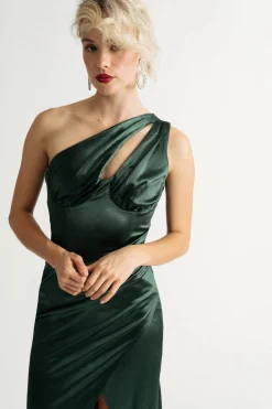 Tobi Moment In Time Hunter Green One Shoulder Satin Maxi Dress