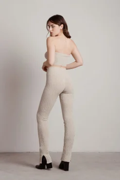 Tobi Monique Ribbed Tube Top Pants Set - Beige